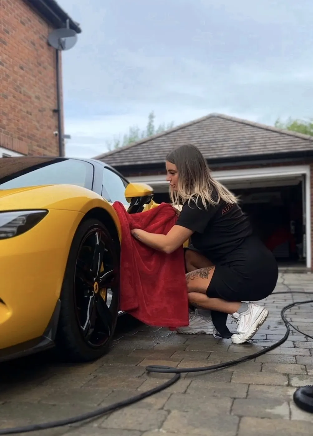 Bee cleaning the wheels of a Ferrari